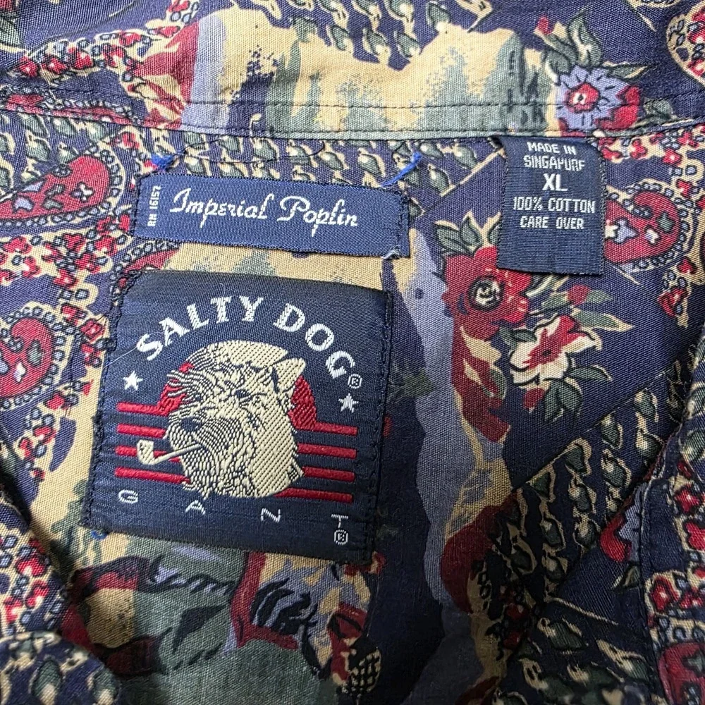 Vtg Salty Dog Gant Golf Button Up Mens XL Loop Collar Allover Multicolor Poplin